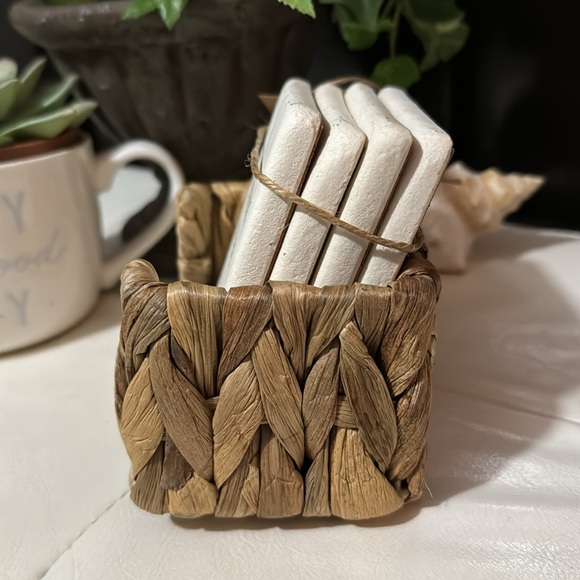 NWT Set of 4 Coasters-Ceramic/Limestone-Printed Phrase-Basket To Store In - Picture 4 of 12